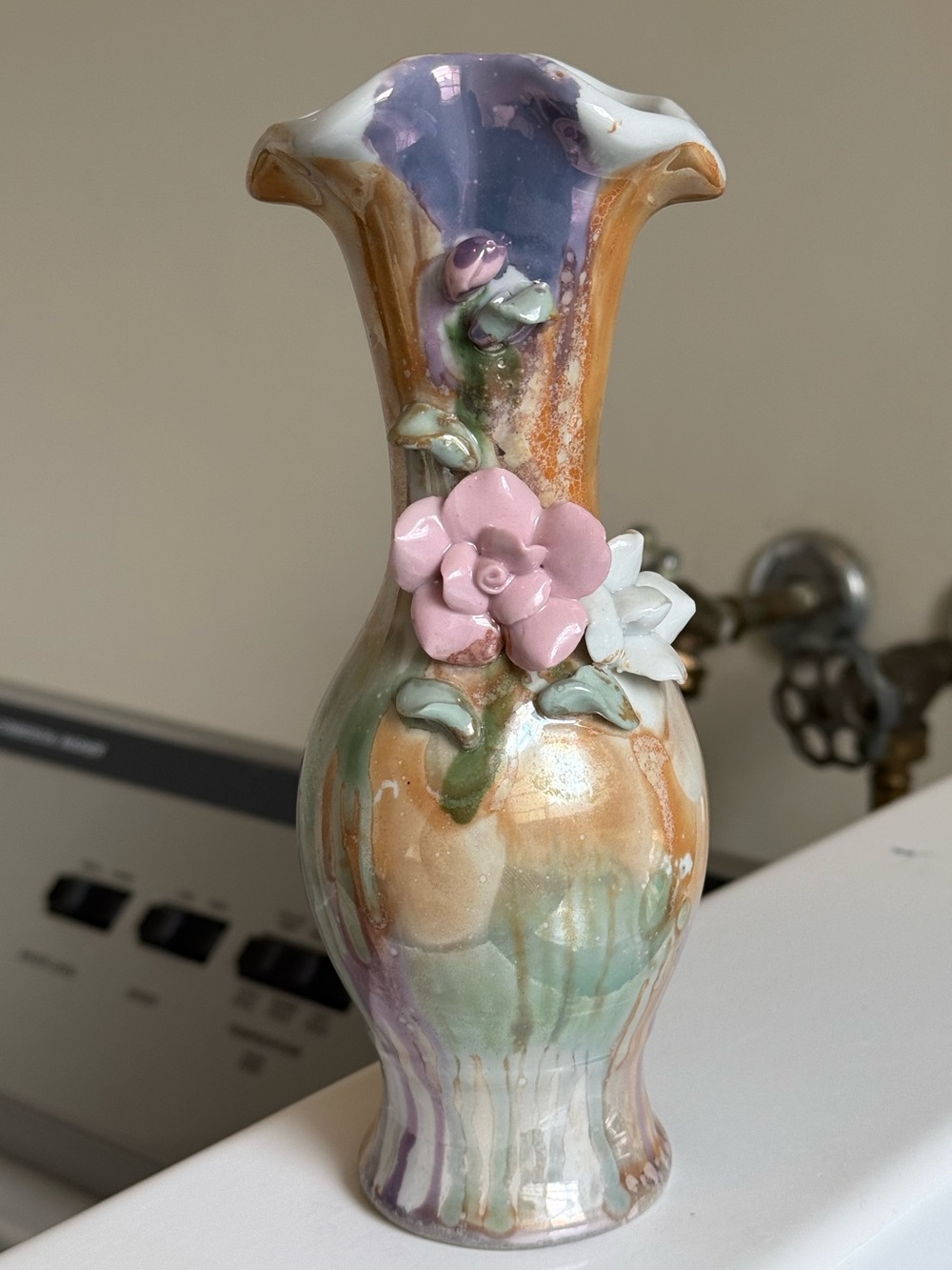 Mid Century Vintage Chinese Pastel Iridescent Applied Flowers Porcelain Bud Vase